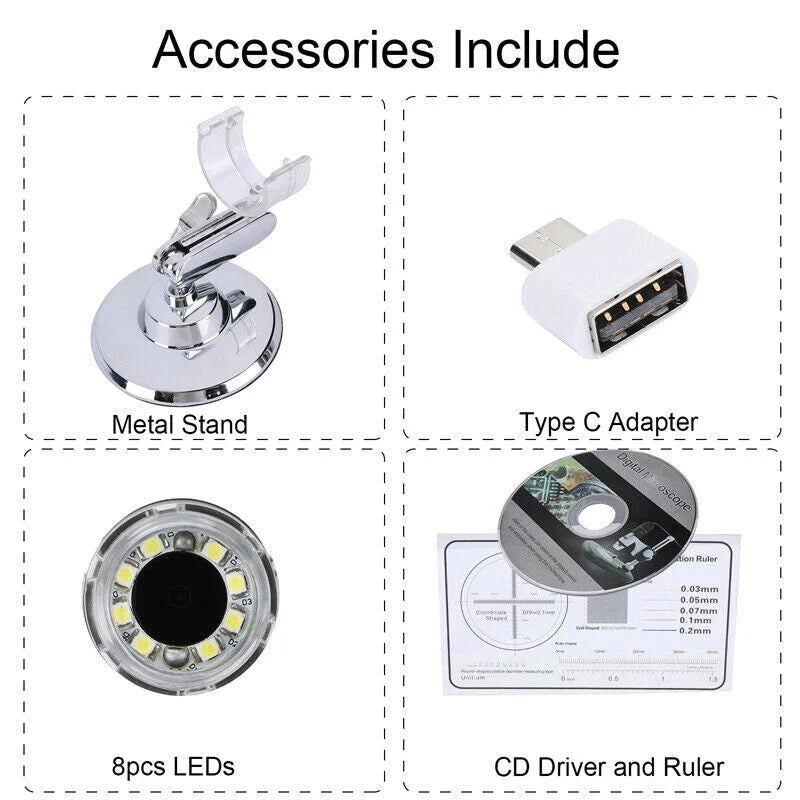 3 In 1 1600x Zoom 8 LED USB Microscope Digital Magnifier Endoscope Video Camera - accessories include a metal stand, Type C adapter, 8 LEDs, and a CD driver.