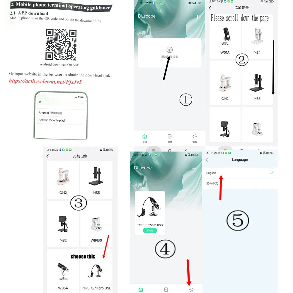 3 In 1 1600x Zoom 8 LED USB Microscope Digital Magnifier Endoscope Video Camera - instruction manual showing app download QR code and device setup steps.