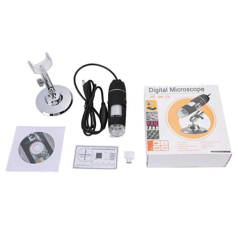 3 In 1 1600x Zoom 8 LED USB Microscope Digital Magnifier Endoscope Video Camera - the black digital microscope, metal stand, calibration ruler, CD, USB adapter, and product box.