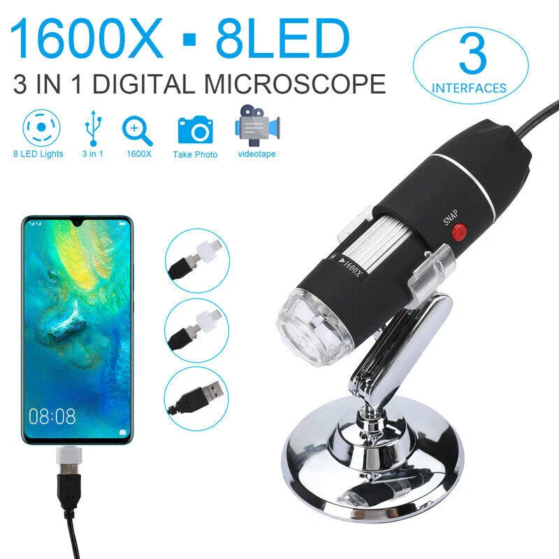 3 In 1 1600x Zoom 8 LED USB Microscope Digital Magnifier Endoscope Video Camera - a black digital microscope on a silver stand, three cable connectors, and a smartphone displaying 08:08.