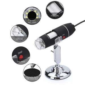 3 In 1 1600x Zoom 8 LED USB Microscope Digital Magnifier Endoscope Video Camera - the black handheld camera on a silver metal stand with callouts for the lens cap, snap button, and LEDs.