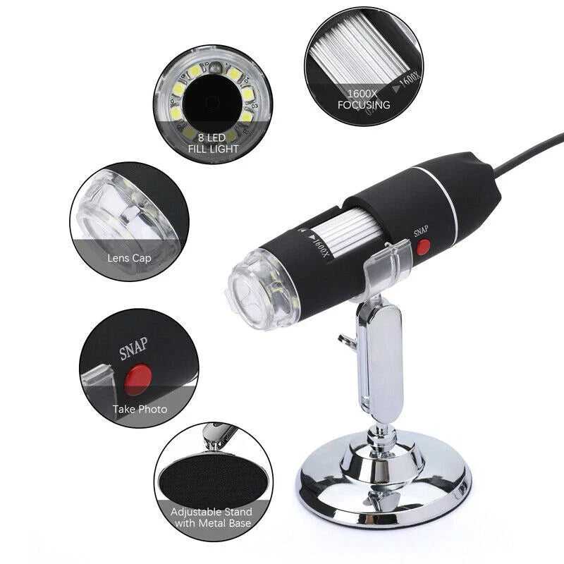 3 In 1 1600x Zoom 8 LED USB Microscope Digital Magnifier Endoscope Video Camera - the black handheld camera on a silver metal stand with callouts for the lens cap, snap button, and LEDs.