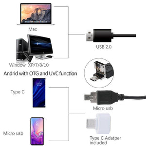 3 In 1 1600x Zoom 8 LED USB Microscope Digital Magnifier Endoscope Video Camera - compatibility diagram showing USB 2.0, Micro USB, and Type C adapter cables.