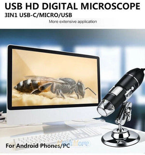 3 In 1 1600x Zoom 8 LED USB Microscope Digital Magnifier Endoscope Video Camera - a black handheld magnifier on a silver metal stand, shown next to a computer monitor displaying a close-up of a bee.