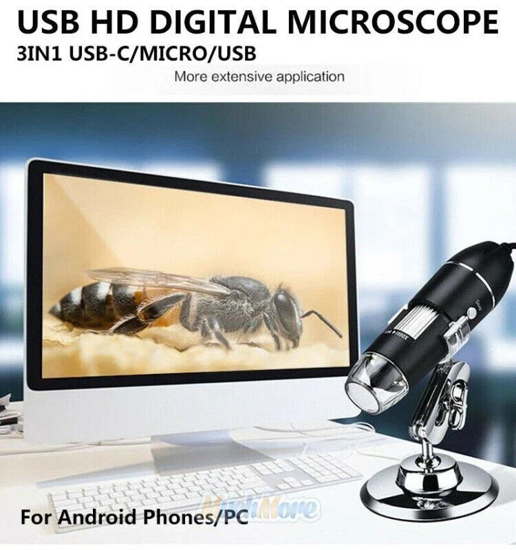 3 In 1 1600x Zoom 8 LED USB Microscope Digital Magnifier Endoscope Video Camera - a black handheld magnifier on a silver metal stand, shown next to a computer monitor displaying a close-up of a bee.