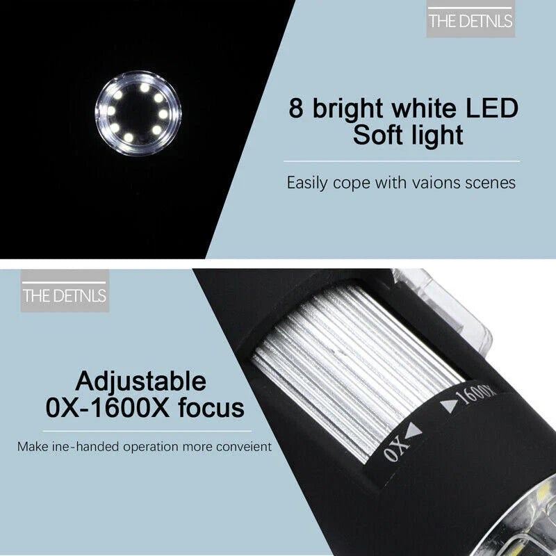 3 In 1 1600x Zoom 8 LED USB Microscope Digital Magnifier Endoscope Video Camera - a close-up of the eight LED lights and the adjustable focus wheel marked from 0X to 1600X.