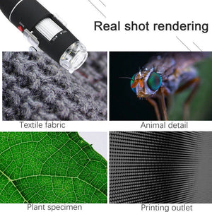 3 In 1 1600x Zoom 8 LED USB Microscope Digital Magnifier Endoscope Video Camera - the black device and four sample images of fabric, an insect, a leaf, and a printed dot pattern.