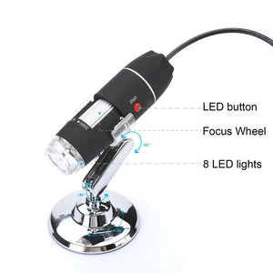 3 In 1 1600x Zoom 8 LED USB Microscope Digital Magnifier Endoscope Video Camera - a black handheld digital microscope on a silver stand, labeled with focus wheel, LED button, and 1600x text.