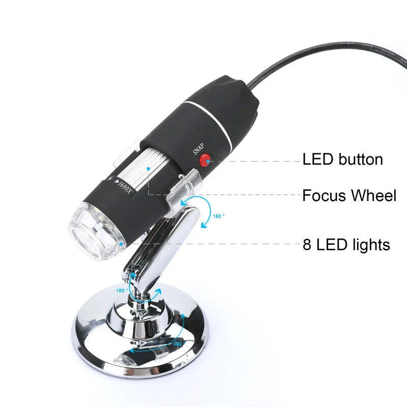 3 In 1 1600x Zoom 8 LED USB Microscope Digital Magnifier Endoscope Video Camera - a black handheld digital microscope on a silver stand, labeled with focus wheel, LED button, and 1600x text.