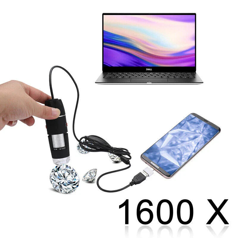 3 In 1 1600x Zoom 8 LED USB Microscope Digital Magnifier Endoscope Video Camera - shown with a hand, a laptop, a smartphone, and diamond-shaped objects.
