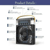 3 In 1 Fan Air Conditioner Household Mini Air Cooler LED Night Light Humidifier - a black mini air cooler with a top handle, five spray ports, a front fan, and labeled buttons for wind, spray, and light.