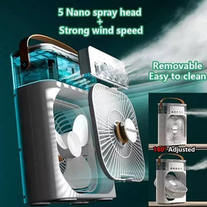 3 In 1 Fan Air Conditioner Household Mini Air Cooler LED Night Light Humidifier - a white, portable unit with a removable front fan cover, five spray nozzles, and a handle.