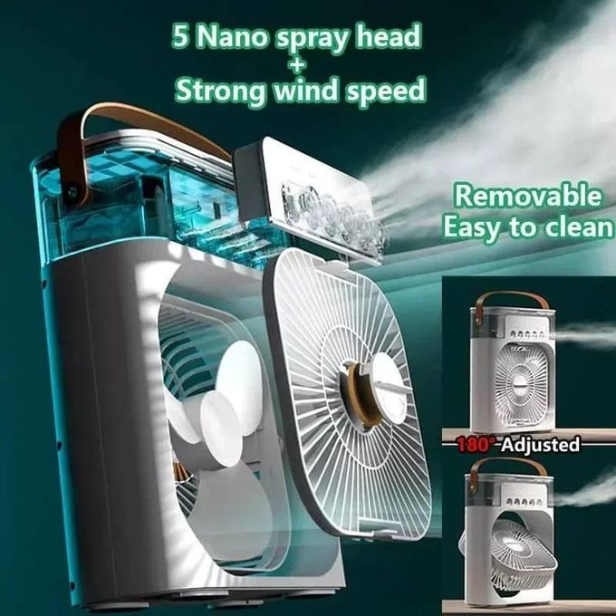 3 In 1 Fan Air Conditioner Household Mini Air Cooler LED Night Light Humidifier - a white, portable unit with a removable front fan cover, five spray nozzles, and a handle.