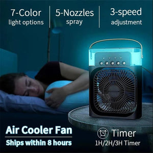 3 In 1 Fan Air Conditioner Household Mini Air Cooler LED Night Light Humidifier - with a top handle, five spray nozzles, and five control buttons, glowing with blue light on a table.