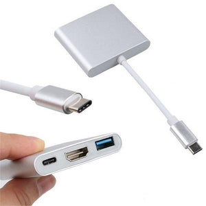 3 in 1 Multiport Type-c USB To HDMI Adapter USB 3.0 Charging Port Converter Adapter - a silver adapter with a USB-C cable, a USB-C port, an HDMI port, and a blue USB 3.0 port.