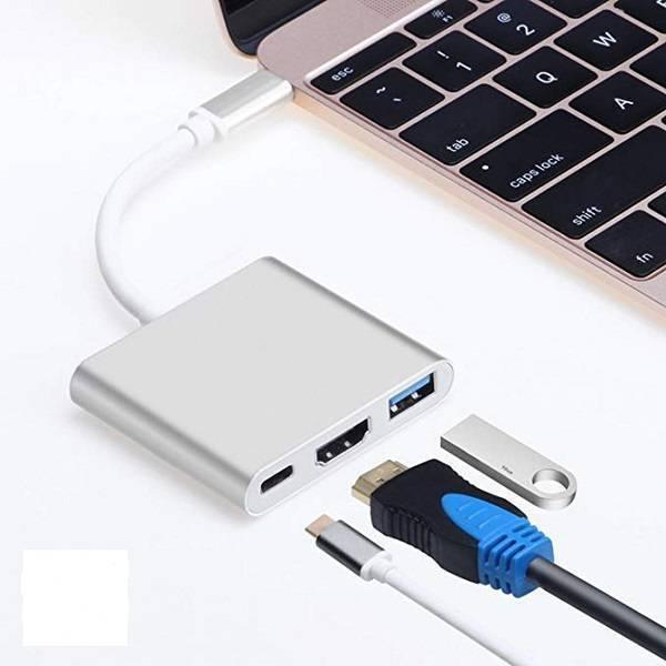 3 in 1 Multiport Type-c USB To HDMI Adapter USB 3.0 Charging Port Converter Adapter - a silver hub connected to a laptop, featuring a USB-C port, HDMI port, USB 3.0 port, and a flash drive.