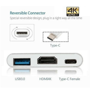 3 in 1 Multiport Type-c USB To HDMI Adapter USB 3.0 Charging Port Converter Adapter - a silver adapter with USB 3.0, HDMI 4K, and Type-C female ports, plus a Type-C connector diagram.