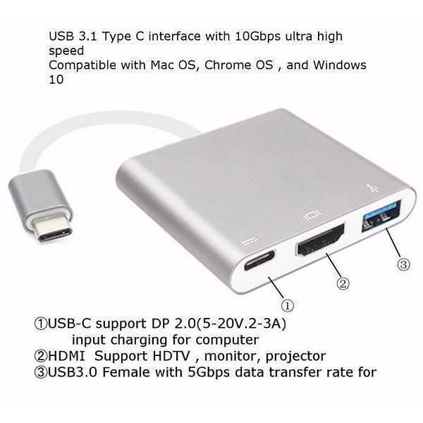 3 in 1 Multiport Type-c USB To HDMI Adapter USB 3.0 Charging Port Converter Adapter - a silver hub with a USB-C cable, a charging port, an HDMI port, and a USB 3.0 port with labels.