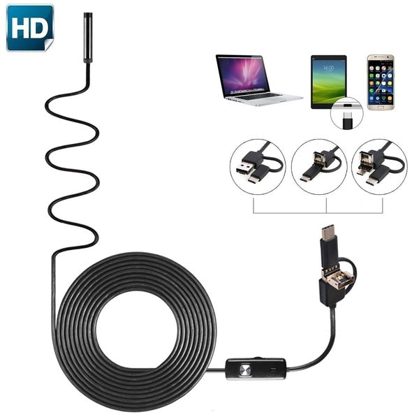 3 in 1 Type c& android pc endoscope - a long black cable, a camera probe, a control box, and a multi-connector adapter for USB, micro-USB, and Type-C.
