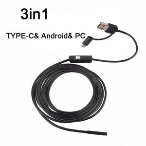 3 in 1 Type c& android pc endoscope - a long black cable with a camera tip, a control box with a silver button, and a dual USB and Type-C connector.