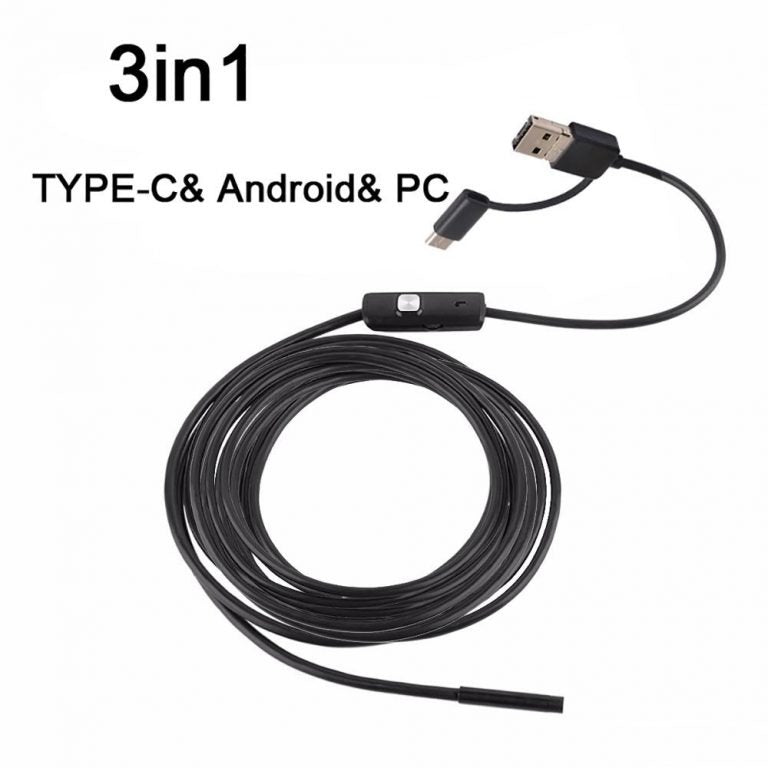 3 in 1 Type c& android pc endoscope - a long black cable with a camera tip, a control box with a silver button, and a dual USB and Type-C connector.