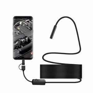 3 in 1 Type c& android pc endoscope - a black camera probe with a long cable, a control box, and a smartphone displaying an engine bay.