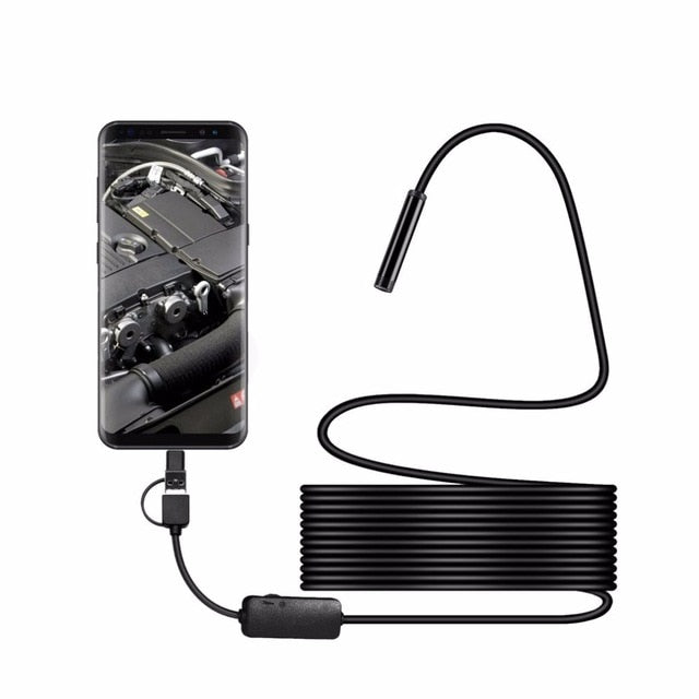 3 in 1 Type c& android pc endoscope - a black camera probe with a long cable, a control box, and a smartphone displaying an engine bay.