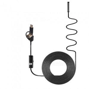 3 in 1 Type c& android pc endoscope - a coiled black cable with a camera tip, a control box with a button, and a multi-connector adapter.