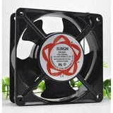 3 Inch 220V AC Fan Merk Sunon - a black square cooling fan with a circular center label featuring a red floral graphic and printed technical text.