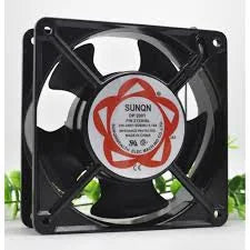 3 Inch 220V AC Fan Merk Sunon - a black square cooling fan with a circular center label featuring a red floral graphic and printed technical text.