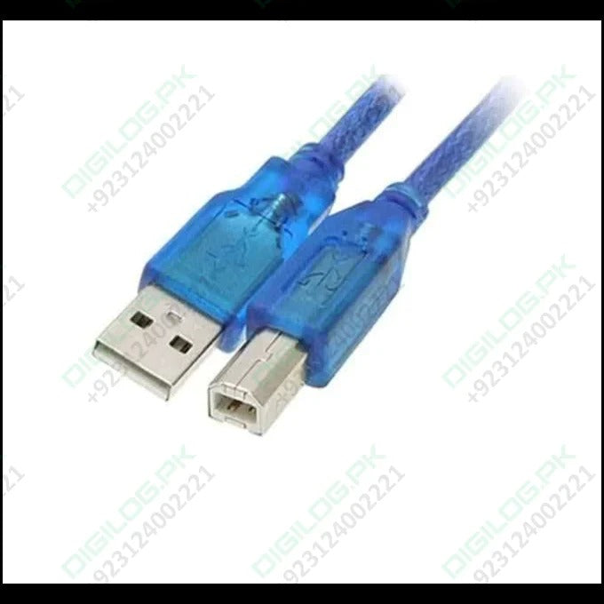 3 Meter USB a To USB b Cable For Arduino Uno And Arduino Mega - a blue translucent USB A to USB B cable with silver connectors.