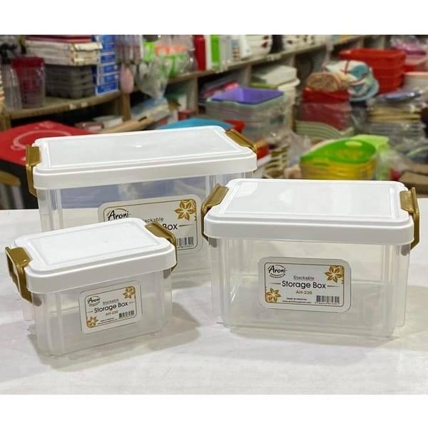 3 Pcs Stackable Smart Storage Containers Boxes For Jewellery, Makeup, Tools, Food, Office Use Organizer Box - three clear rectangular plastic storage boxes with white lids and gold-coloured side latches.