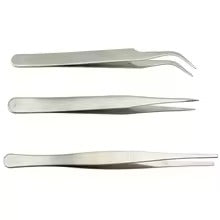 3 Pcs Stainless Steel Electronic Tweezers Set - three silver-coloured metal tweezers with different tip shapes arranged horizontally.