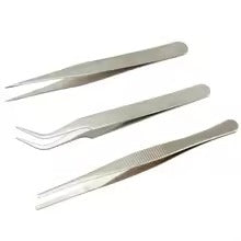 3 Pcs Stainless Steel Electronic Tweezers Set - three silver-colored metal tweezers with straight, curved, and flat-tipped designs.