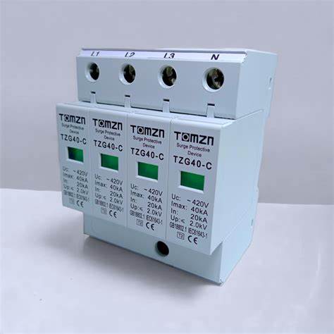 3 Phase AC Tomzn Spd 4pole House Surge Protector Voltage Arrester Device - a white, four-module device featuring four green status indicators and top-mounted screw terminals.