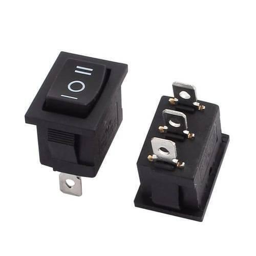 3 Pin 3 Position Rocker Switch On Off On Power Button Switch - two black rectangular switches, one from the top and one from the bottom side.