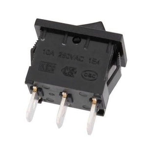 3 Pin 3 Position Rocker Switch On Off On Power Button Switch - a black rectangular rocker switch with three metal terminals and printed specifications.