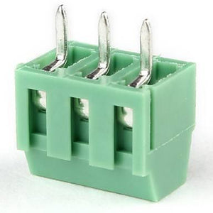 3 Pin Connector Tblock 3 Pin - a green, three-position screw terminal block featuring three vertical metal pins for through-hole PCB mounting.