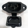3 Pin Male Computer Socket AC Socket With Closing Window - a black panel-mount connector with three metal pins and an attached protective cover.