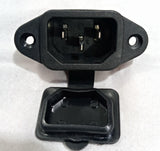 3 Pin Male Computer Socket AC Socket With Closing Window - a black panel-mount connector with three metal pins and an attached protective cover.