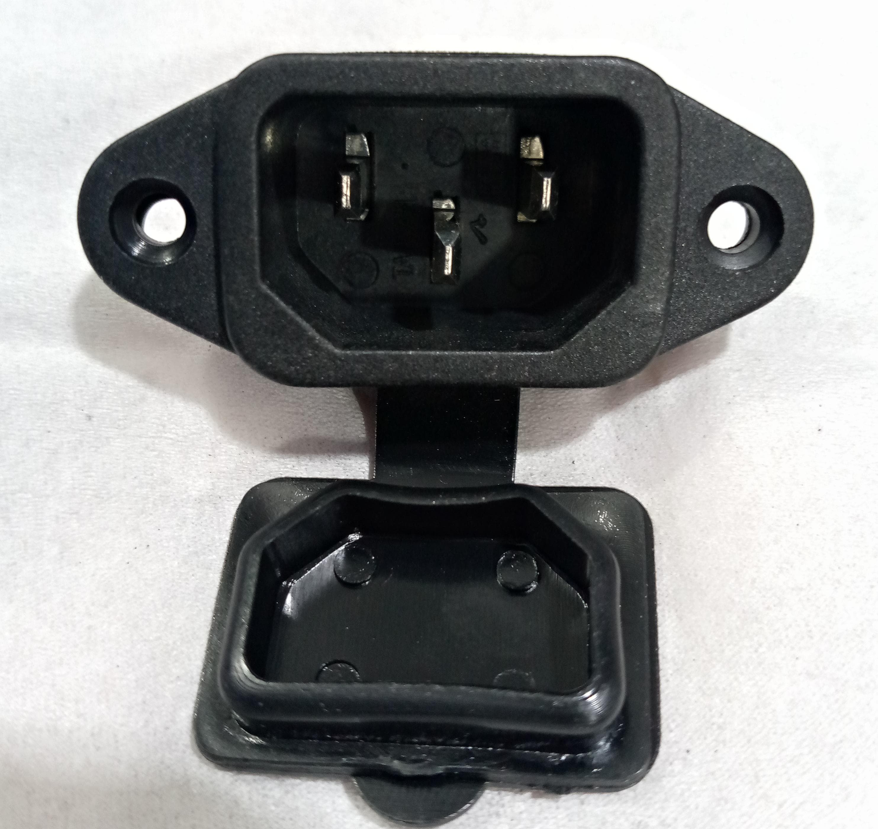 3 Pin Male Computer Socket AC Socket With Closing Window - a black panel-mount connector with three metal pins and an attached protective cover.