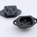 3 Pin Male Power Socket (computer Power Socket) - two black panel-mount connectors with three metal pins each, viewed from both the front and back angles.