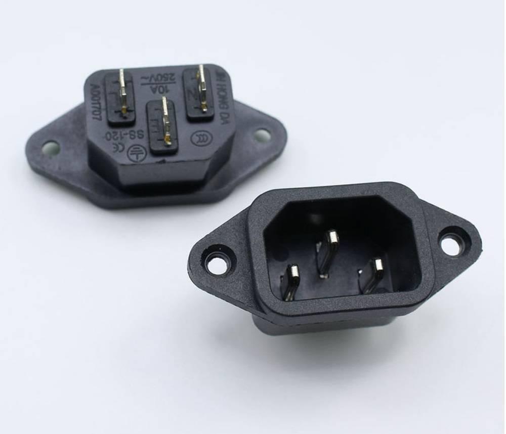 3 Pin Male Power Socket (computer Power Socket) - two black panel-mount connectors with three metal pins each, viewed from both the front and back angles.