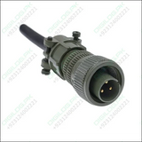 3 Pin Military Connector - Robust & Reliable Solution | Digilog.pk - a green, cylindrical, threaded metal connector with three gold-plated pins and an attached black cable.