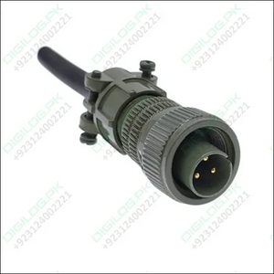 3 Pin Military Connector - Robust & Reliable Solution | Digilog.pk - a green, cylindrical, threaded metal connector with three gold-plated pins and an attached black cable.