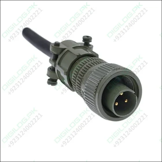 3 Pin Military Connector - Robust & Reliable Solution | Digilog.pk - a green, cylindrical, threaded metal connector with three gold-plated pins and an attached black cable.