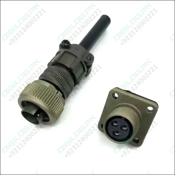 3 Pin Military Connector - Robust & Reliable Solution | Digilog.pk - a green circular cable-mount plug with a strain relief and a matching green square-flange panel-mount socket.
