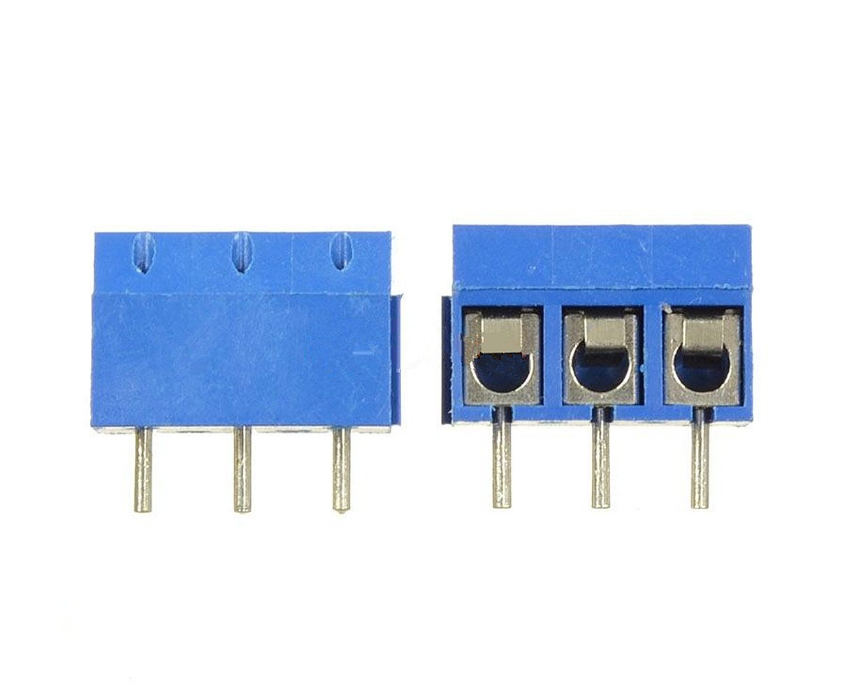 3 Pin Terminal Block Connector 5.08mm in Pakistan - shown as two blue plastic terminal blocks with three metal pins and screw-clamp wire entry points each.