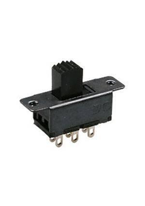 3 Pole 3 Position Slide Switch 6 Pin Lever Switch Handle High Miniature - a black miniature lever switch with a rectangular handle and six metal pins on the underside.