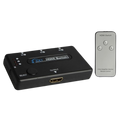 3 Port HDMI Switch Hub With Remote Control - a black rectangular switch with three input ports, one output port, and a silver remote control.